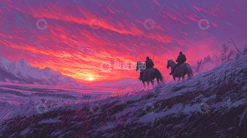 高清大图下载【趣麦麦图】夕阳下的雪山骑马人