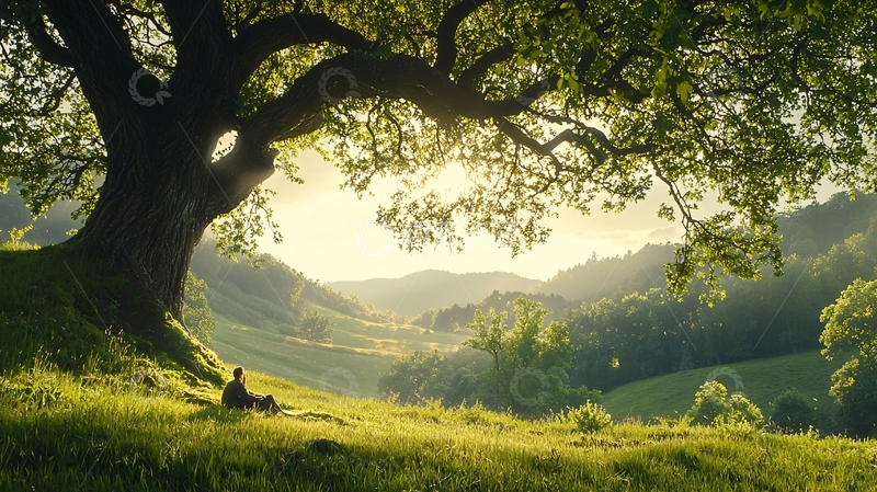 高清大图下载【趣麦麦图】夕阳下的宁静树下独坐
