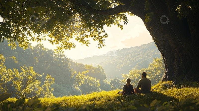 高清大图下载【趣麦麦图】树下情侣夕阳美景