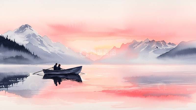 高清大图下载【趣麦麦图】晨曦湖畔划船情侣