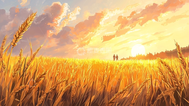 高清大图下载【趣麦麦图】金色麦田夕阳下两人的剪影