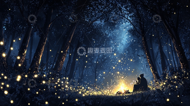 高清大图下载【趣麦麦图】森林中的篝火夜晚