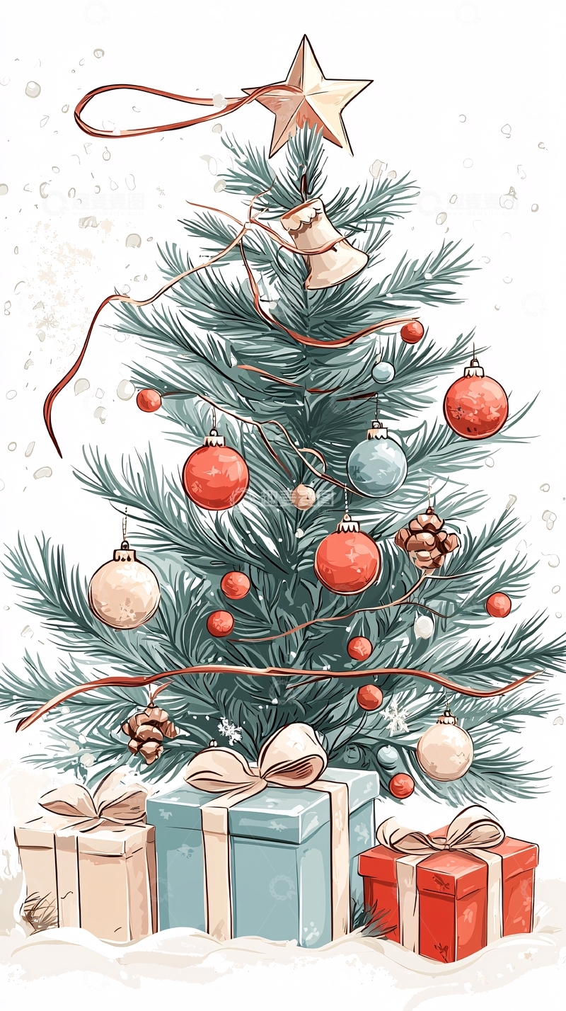 高清大图下载【趣麦麦图】圣诞树礼物盒装饰插画