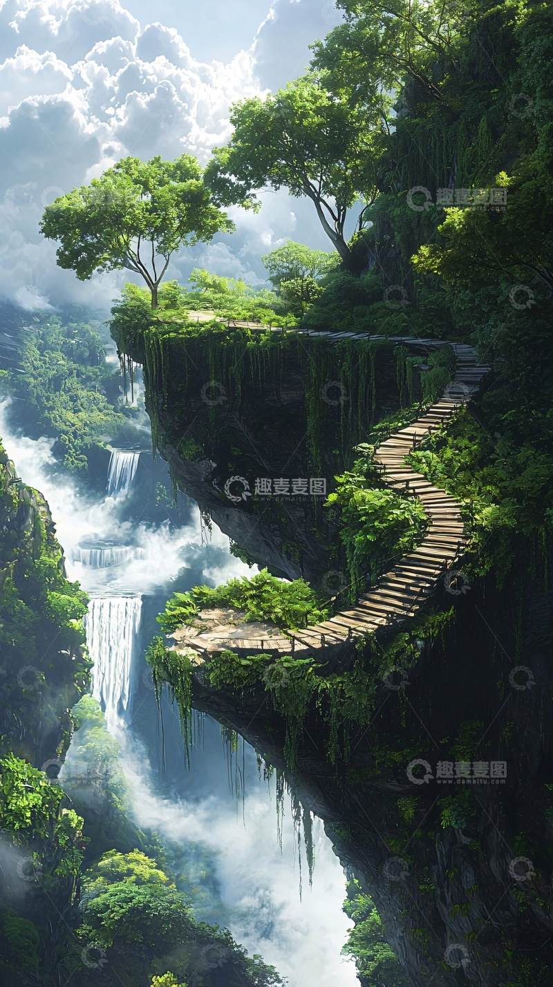 高清大图下载【趣麦麦图】悬崖瀑布木栈道自然风光