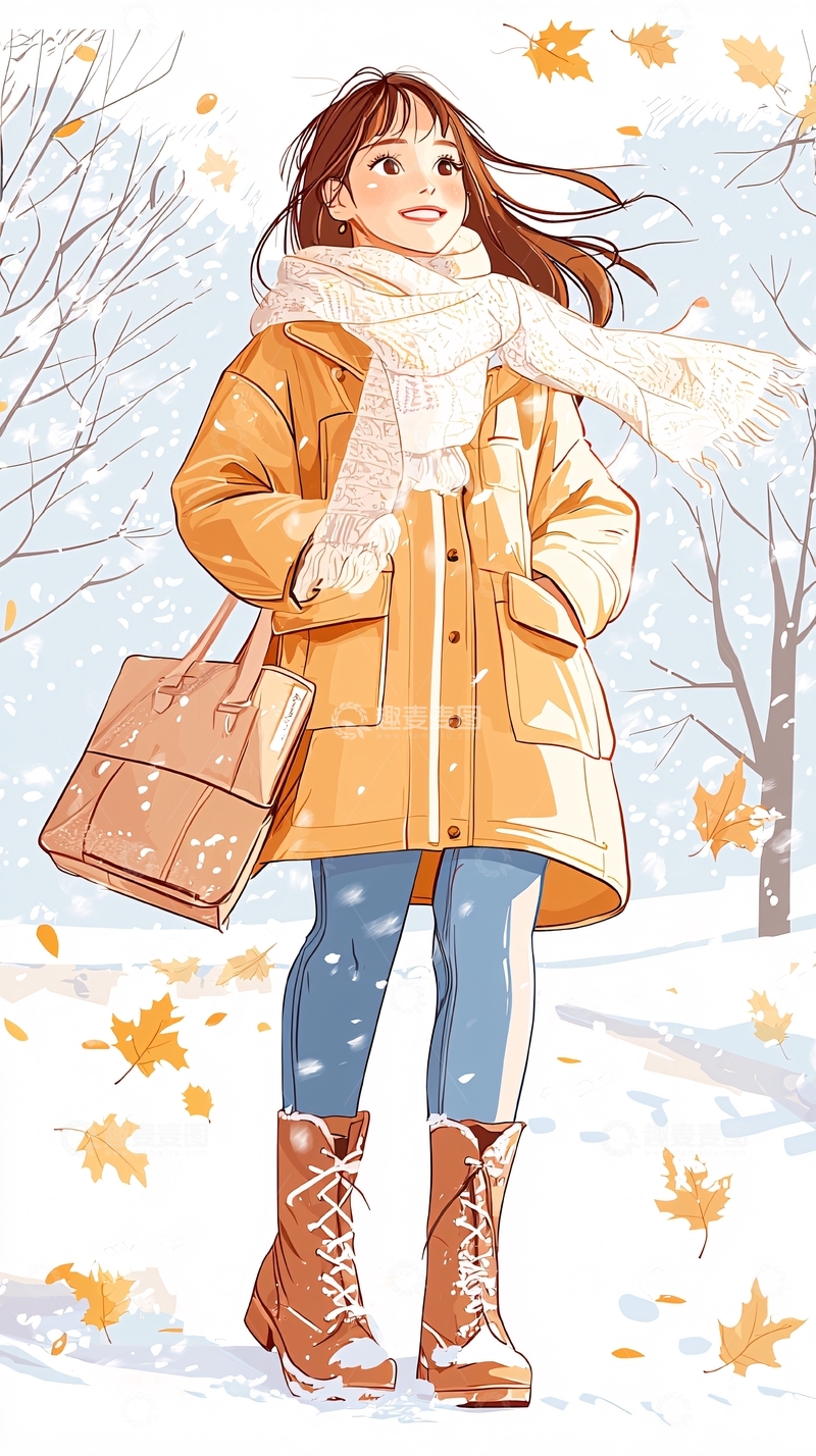高清大图下载【趣麦麦图】秋日雪景中的温暖女孩