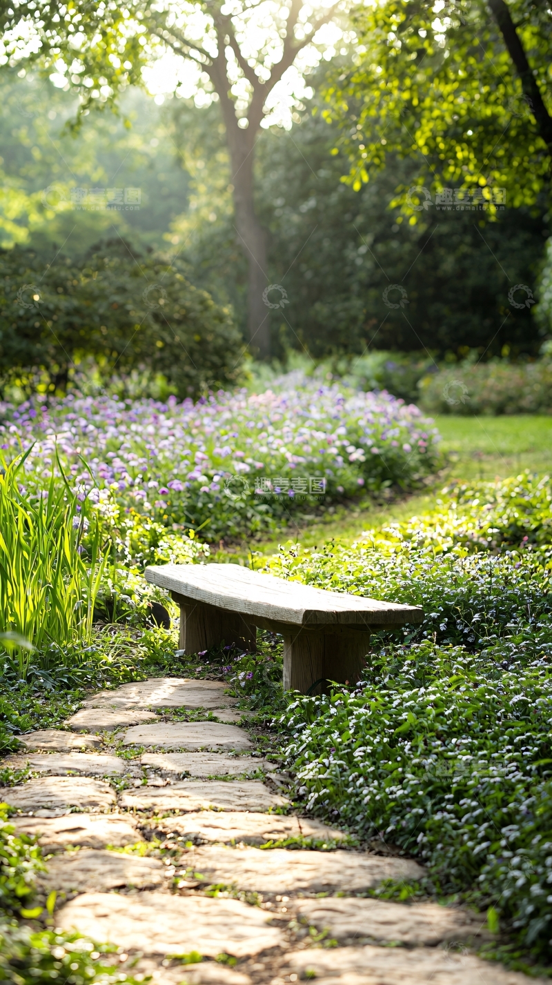 高清大图下载【趣麦麦图】阳光下的花园小径与长椅