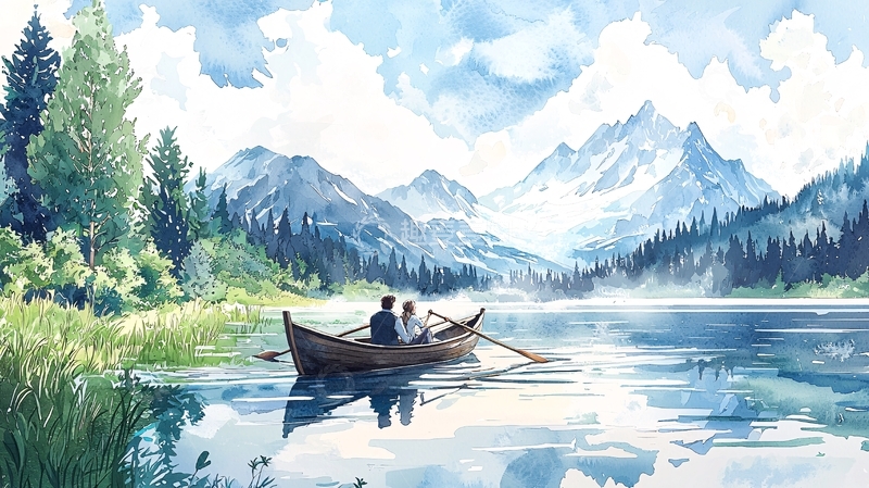 高清大图下载【趣麦麦图】山水间划船的浪漫情侣