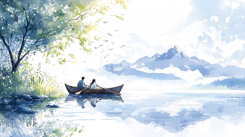 高清大图下载【趣麦麦图】山水间划船情侣风景图