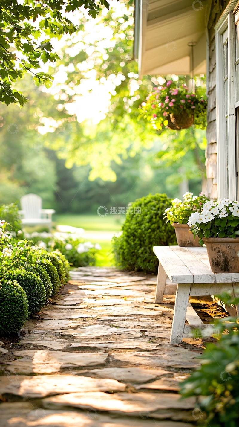 高清大图下载【趣麦麦图】乡村花园石径与花盆装饰