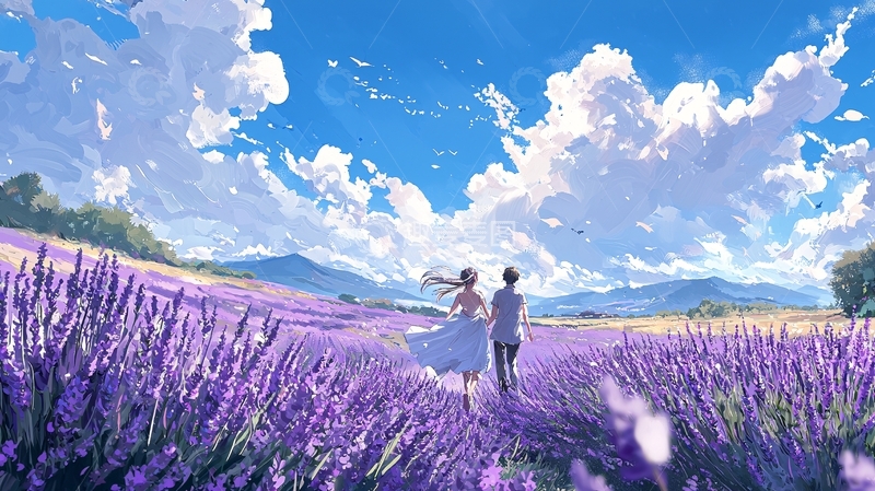 高清大图下载【趣麦麦图】薰衣草田野上的情侣