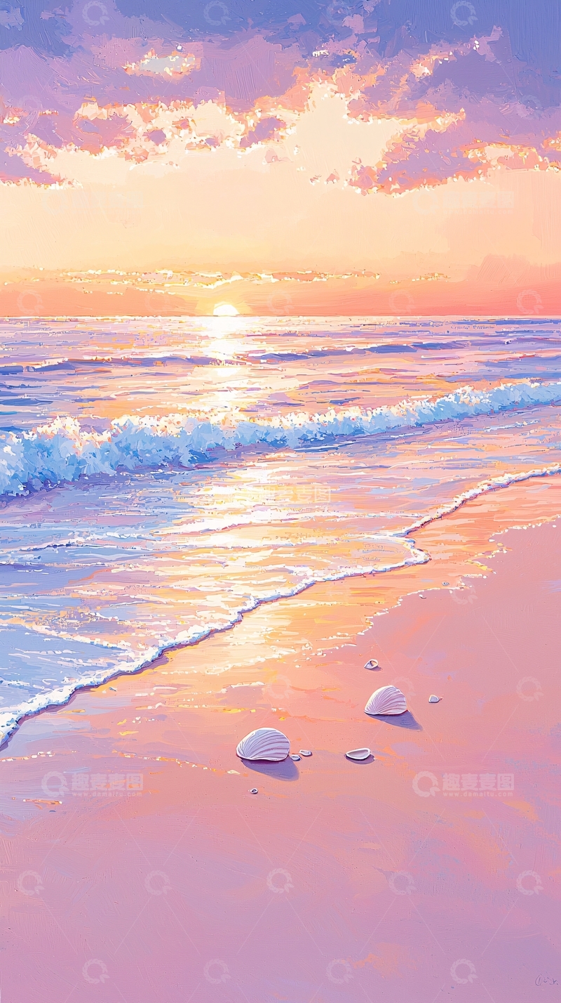 高清大图下载【趣麦麦图】日落海滩贝壳风景画