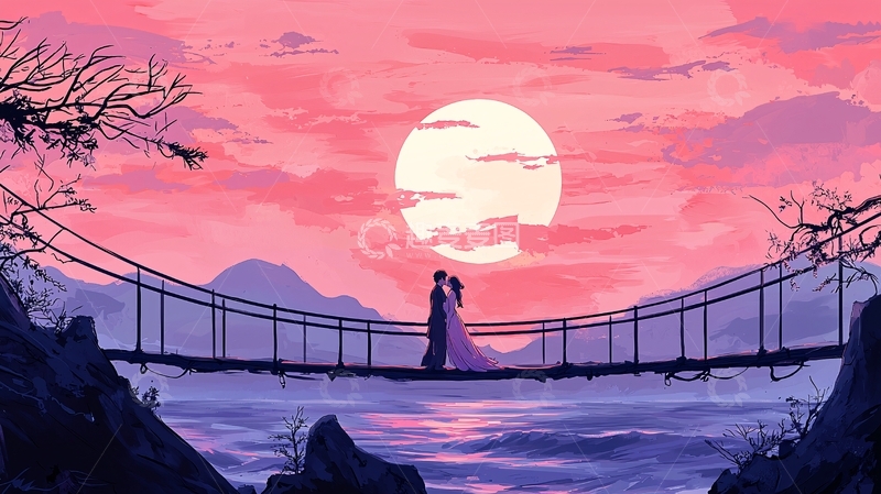 高清大图下载【趣麦麦图】情侣在桥上看日落