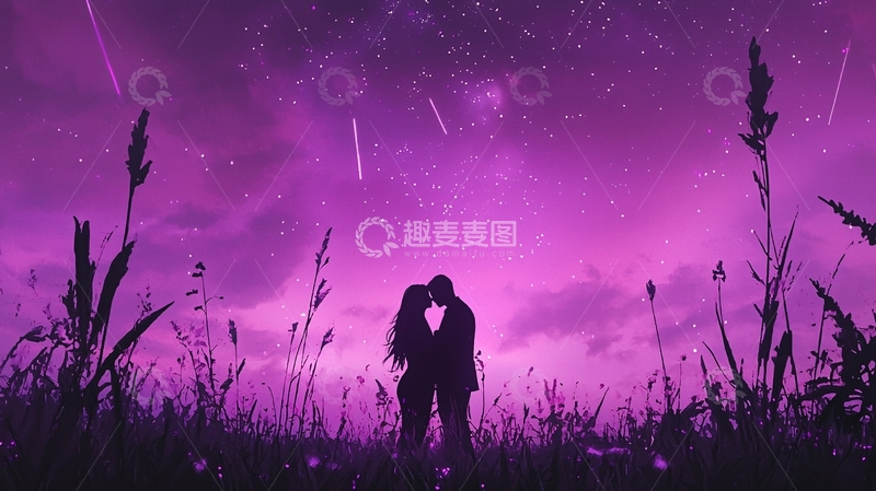 高清大图下载【趣麦麦图】紫色星空下的情侣剪影
