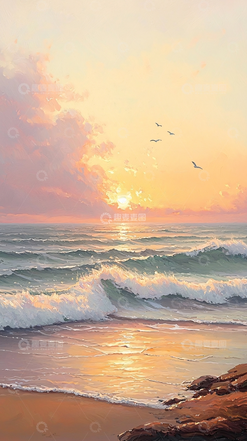 高清大图下载【趣麦麦图】日落海滩海浪风景画