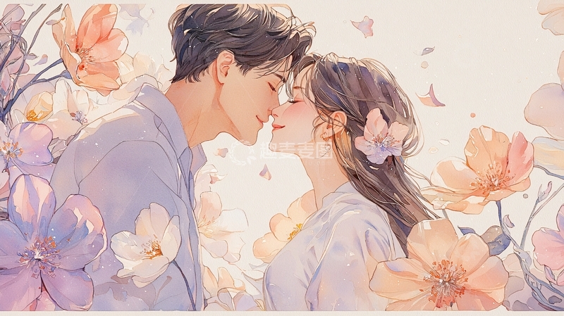高清大图下载【趣麦麦图】浪漫情侣花海亲吻插画