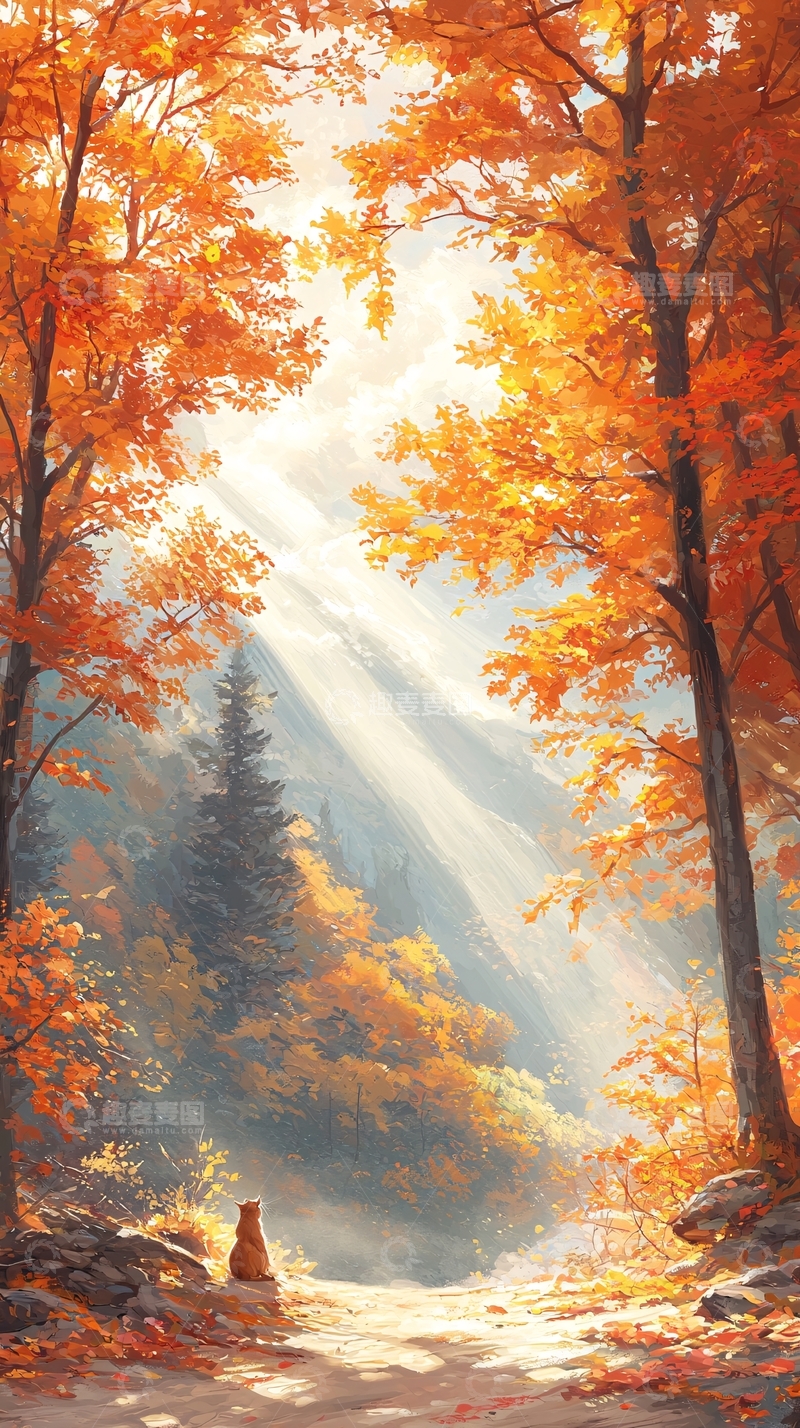 高清大图下载【趣麦麦图】秋日森林中的猫
