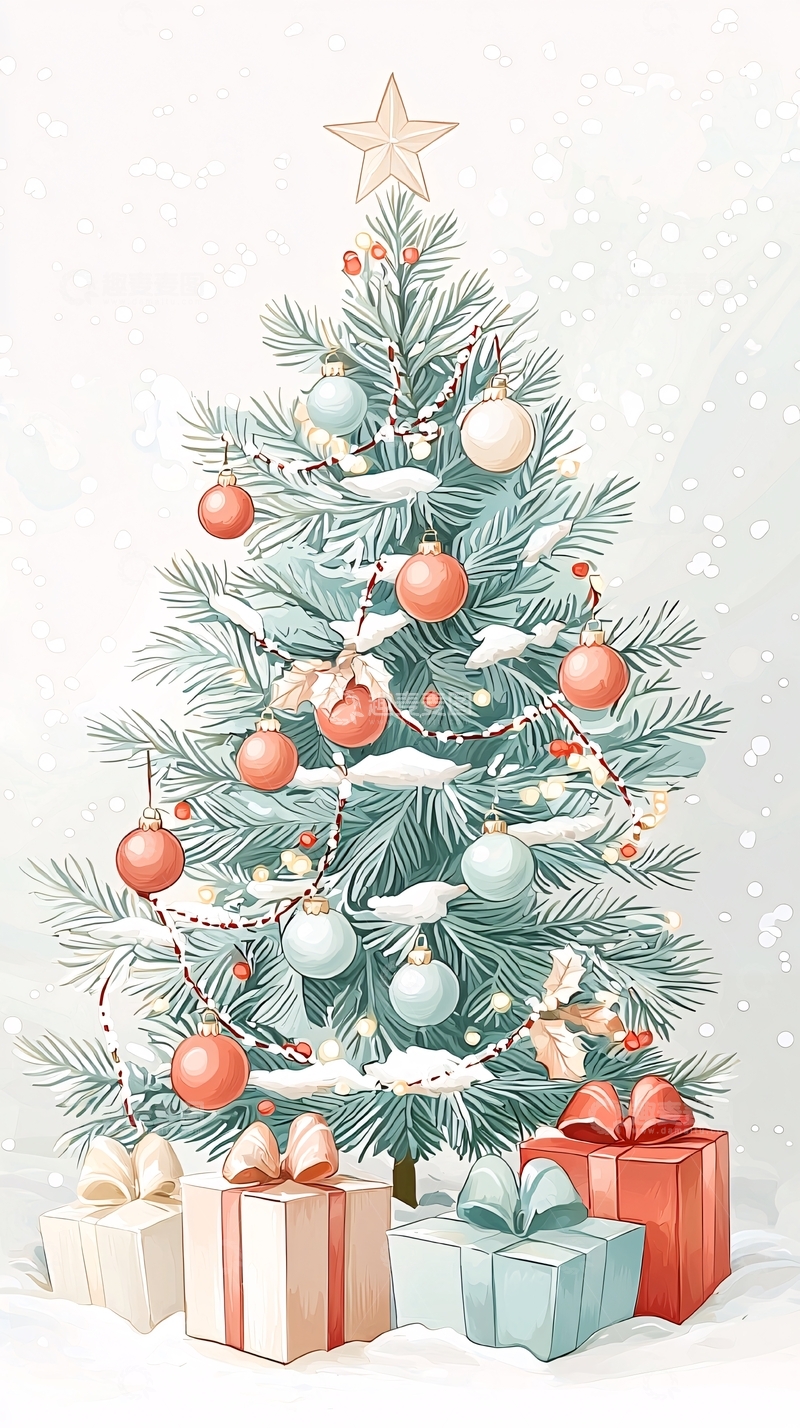 高清大图下载【趣麦麦图】圣诞树礼物雪花背景