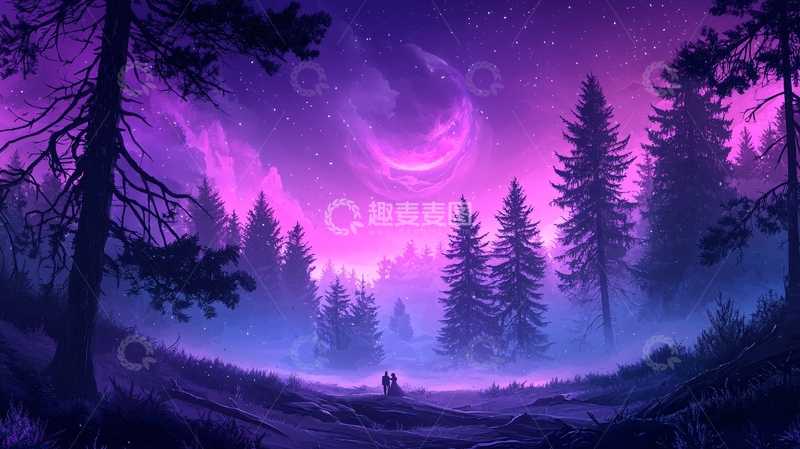 高清大图下载【趣麦麦图】梦幻森林夜景浪漫情侣