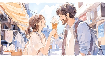 甜蜜冰淇淋情侣手绘插画
