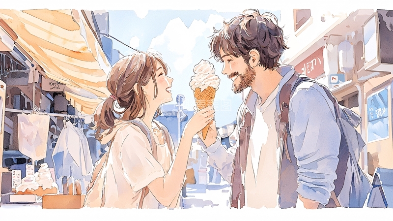 高清大图下载【趣麦麦图】-甜蜜冰淇淋情侣手绘插画