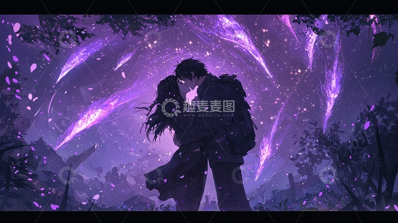 高清大图下载【趣麦麦图】-紫色梦幻森林中的浪漫之吻