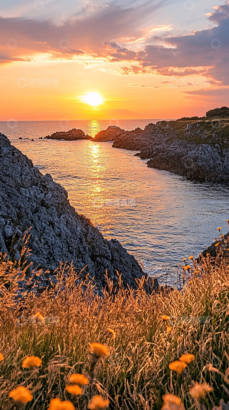 高清大图下载【趣麦麦图】夕阳下的海边岩石与野花