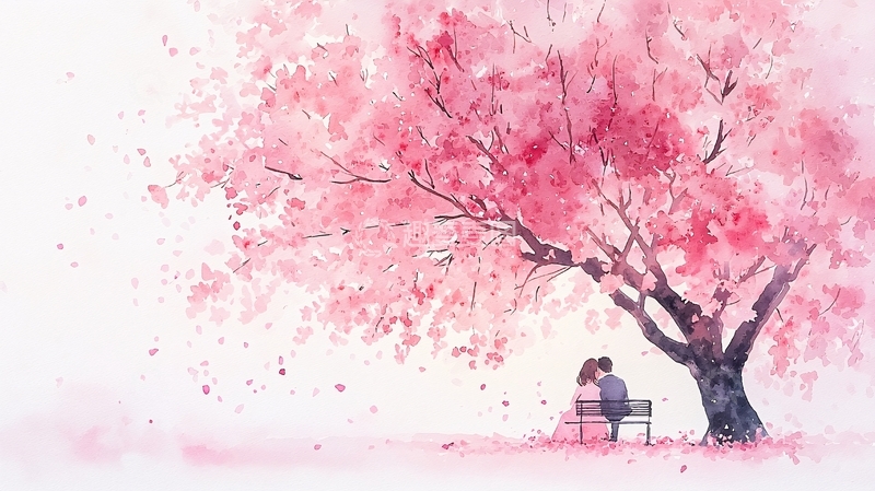 高清大图下载【趣麦麦图】樱花树下情侣坐椅