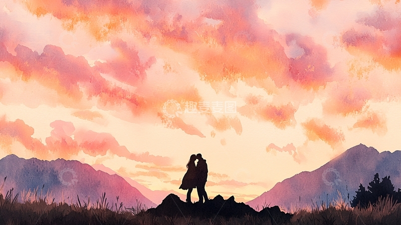 高清大图下载【趣麦麦图】夕阳下情侣剪影