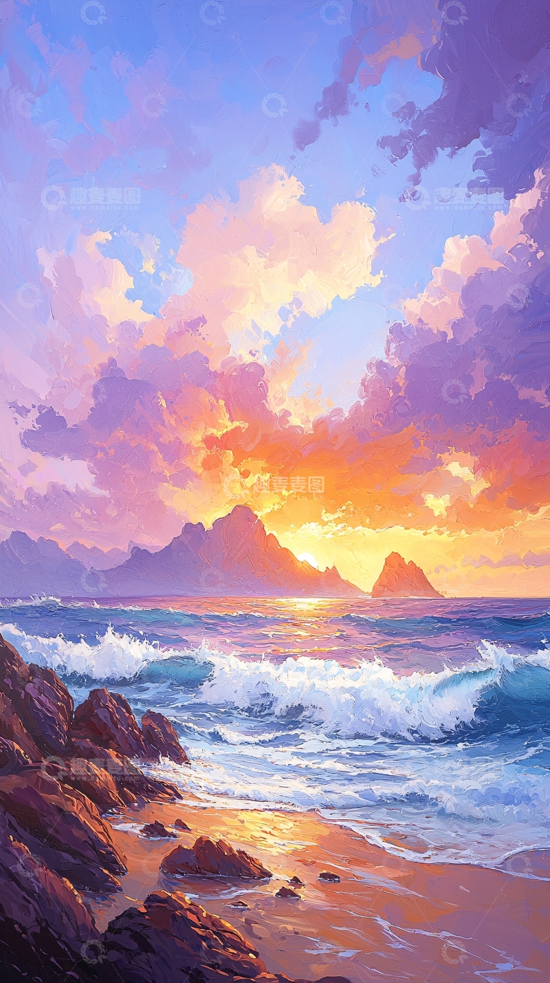 高清大图下载【趣麦麦图】日落海滩岩石海浪