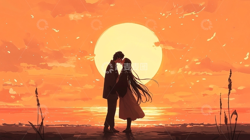 高清大图下载【趣麦麦图】夕阳下情侣亲吻剪影