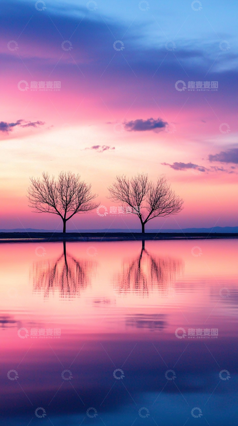 高清大图下载【趣麦麦图】湖边两树映日落