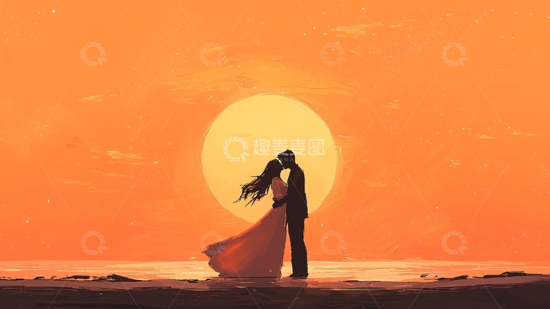 高清大图下载【趣麦麦图】夕阳下浪漫情侣剪影