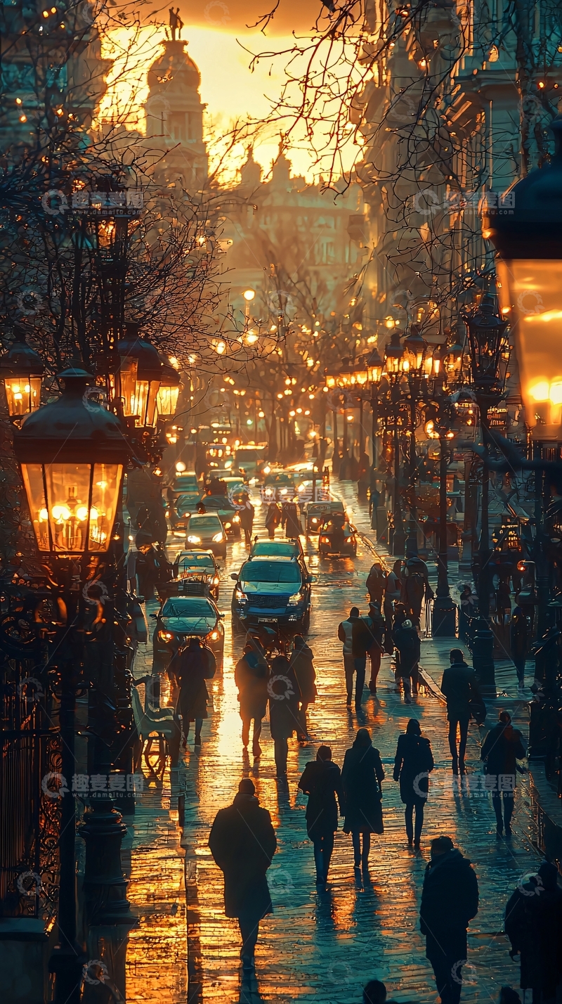 高清大图下载【趣麦麦图】黄昏街头行人与车流