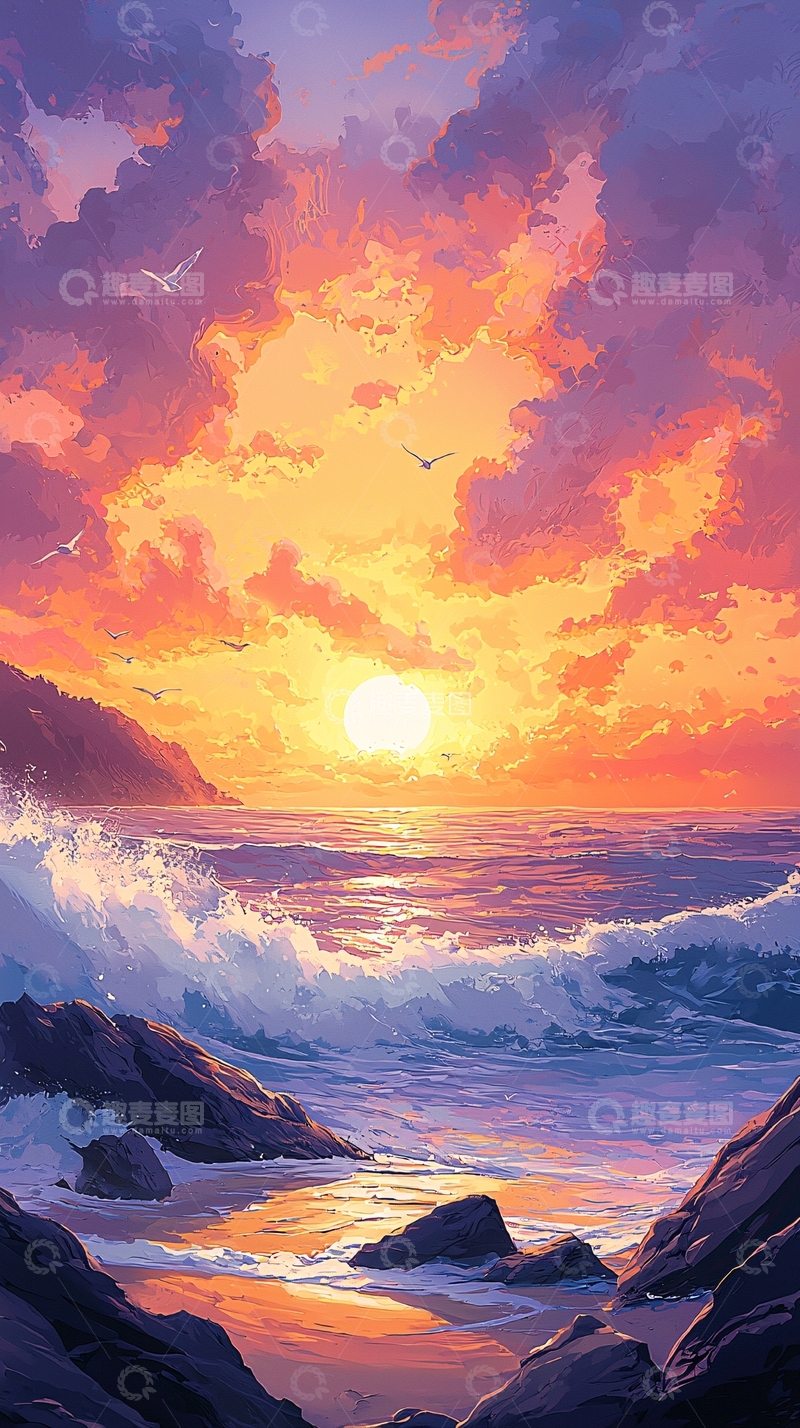 高清大图下载【趣麦麦图】日落海景艺术插画