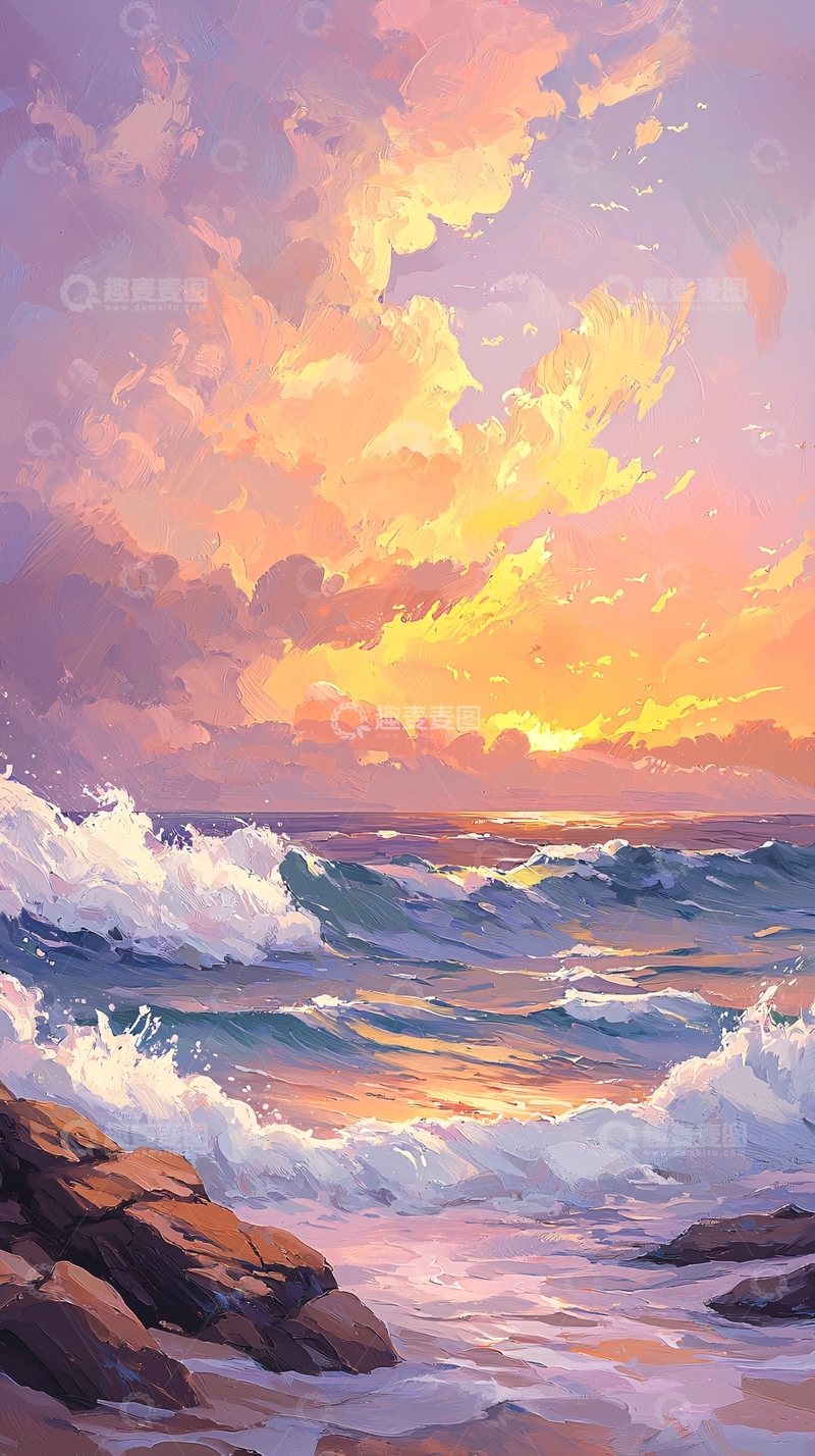高清大图下载【趣麦麦图】日落海景油画风格
