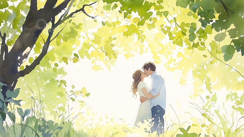 高清大图下载【趣麦麦图】树下情侣亲吻插画