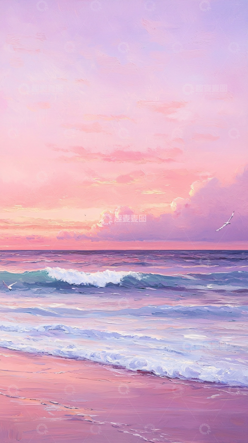 高清大图下载【趣麦麦图】粉色日落海滩风景画