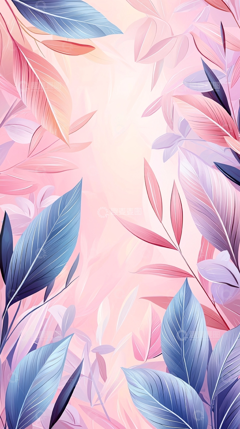 高清大图下载【趣麦麦图】梦幻粉蓝渐变叶子背景图