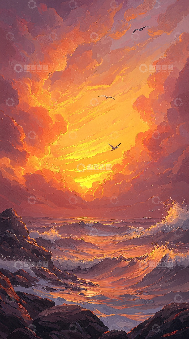 高清大图下载【趣麦麦图】日落海景鸟瞰图
