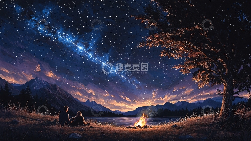 高清大图下载【趣麦麦图】夜晚湖边篝火下的浪漫时刻