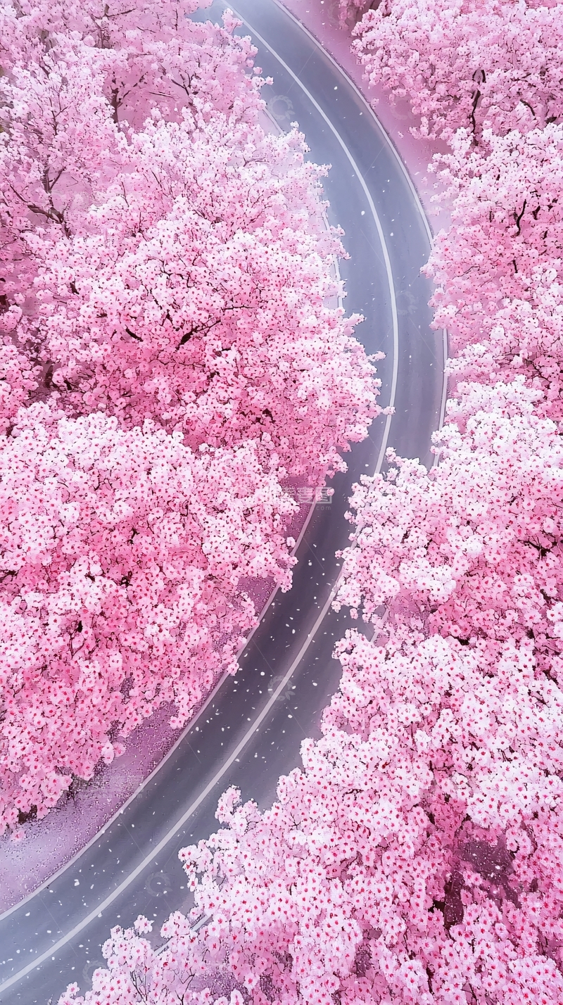 高清大图下载【趣麦麦图】樱花盛开的公路风景