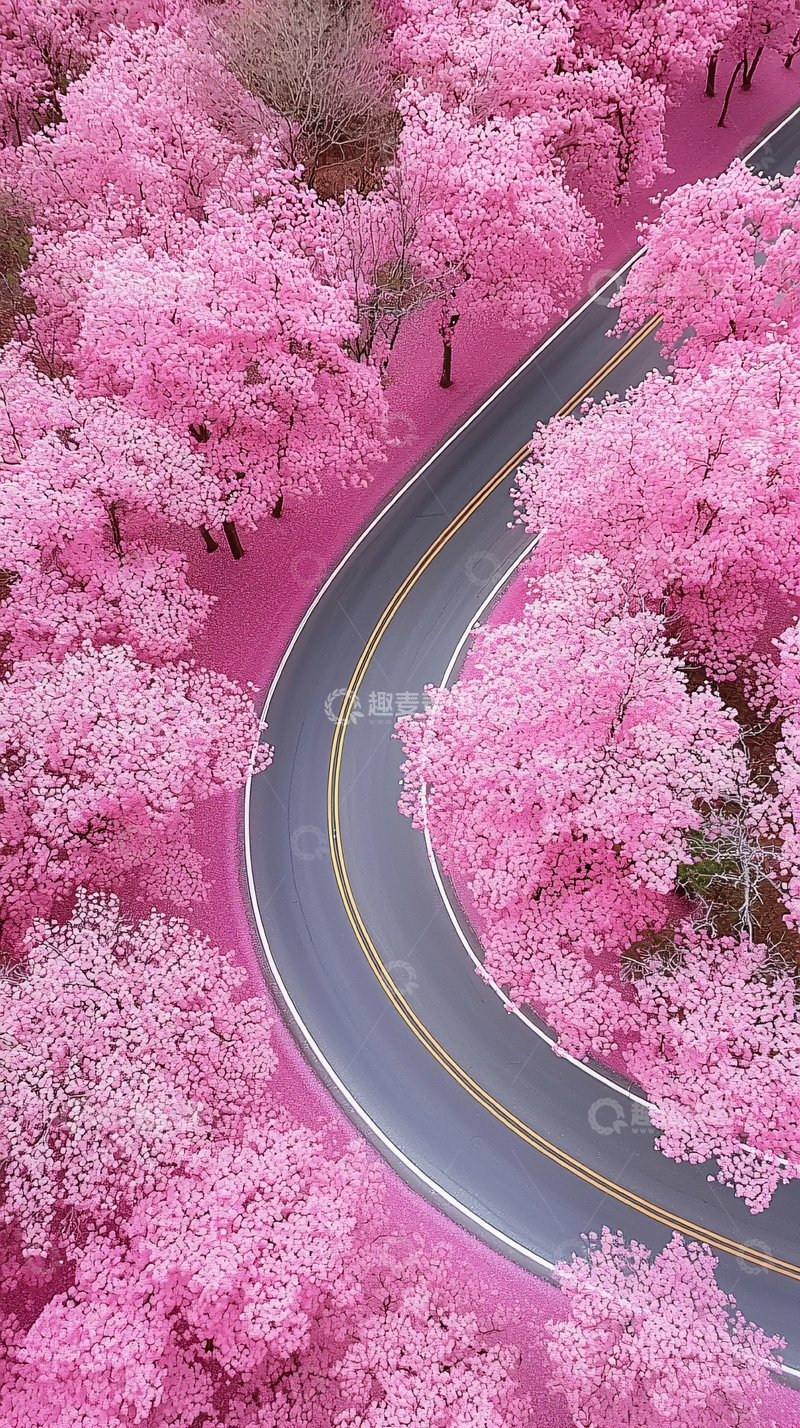 高清大图下载【趣麦麦图】粉红樱花树下的蜿蜒公路
