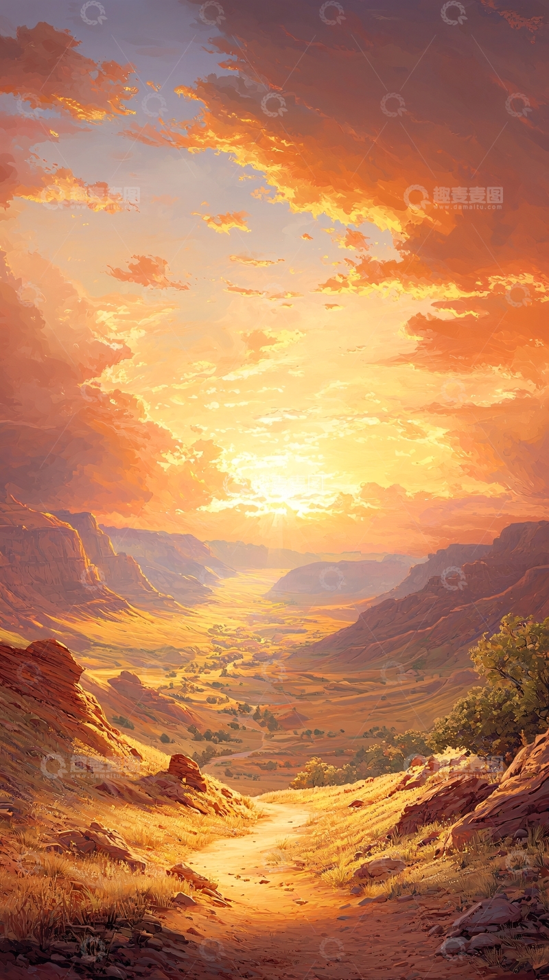 高清大图下载【趣麦麦图】夕阳下的峡谷徒步路径