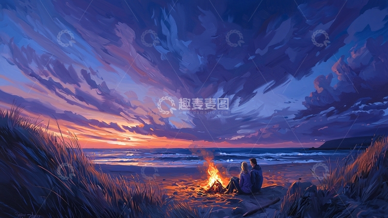 高清大图下载【趣麦麦图】海边篝火情侣浪漫场景