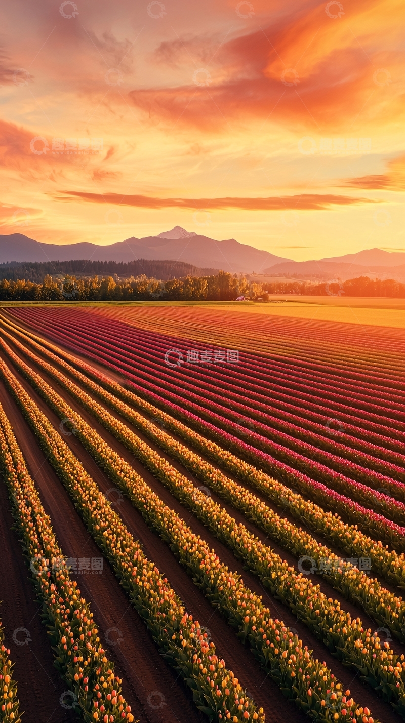 高清大图下载【趣麦麦图】夕阳下的郁金香花田