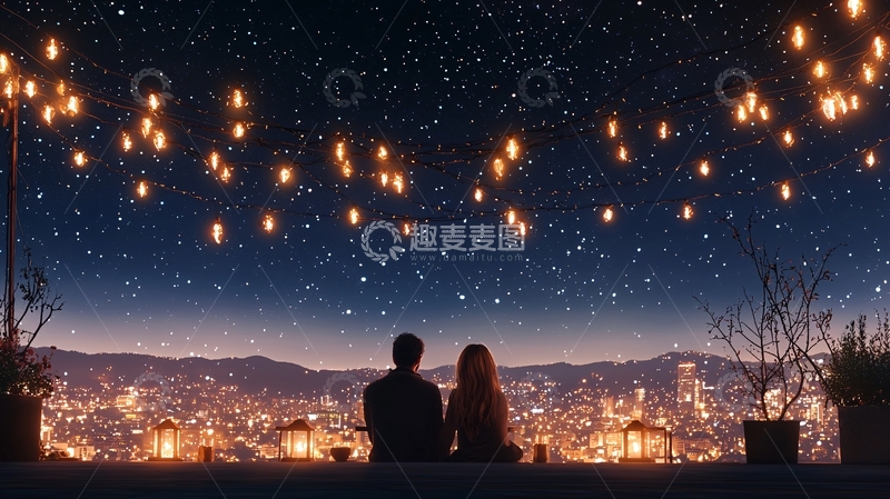 高清大图下载【趣麦麦图】浪漫夜晚情侣共赏星空城市夜景