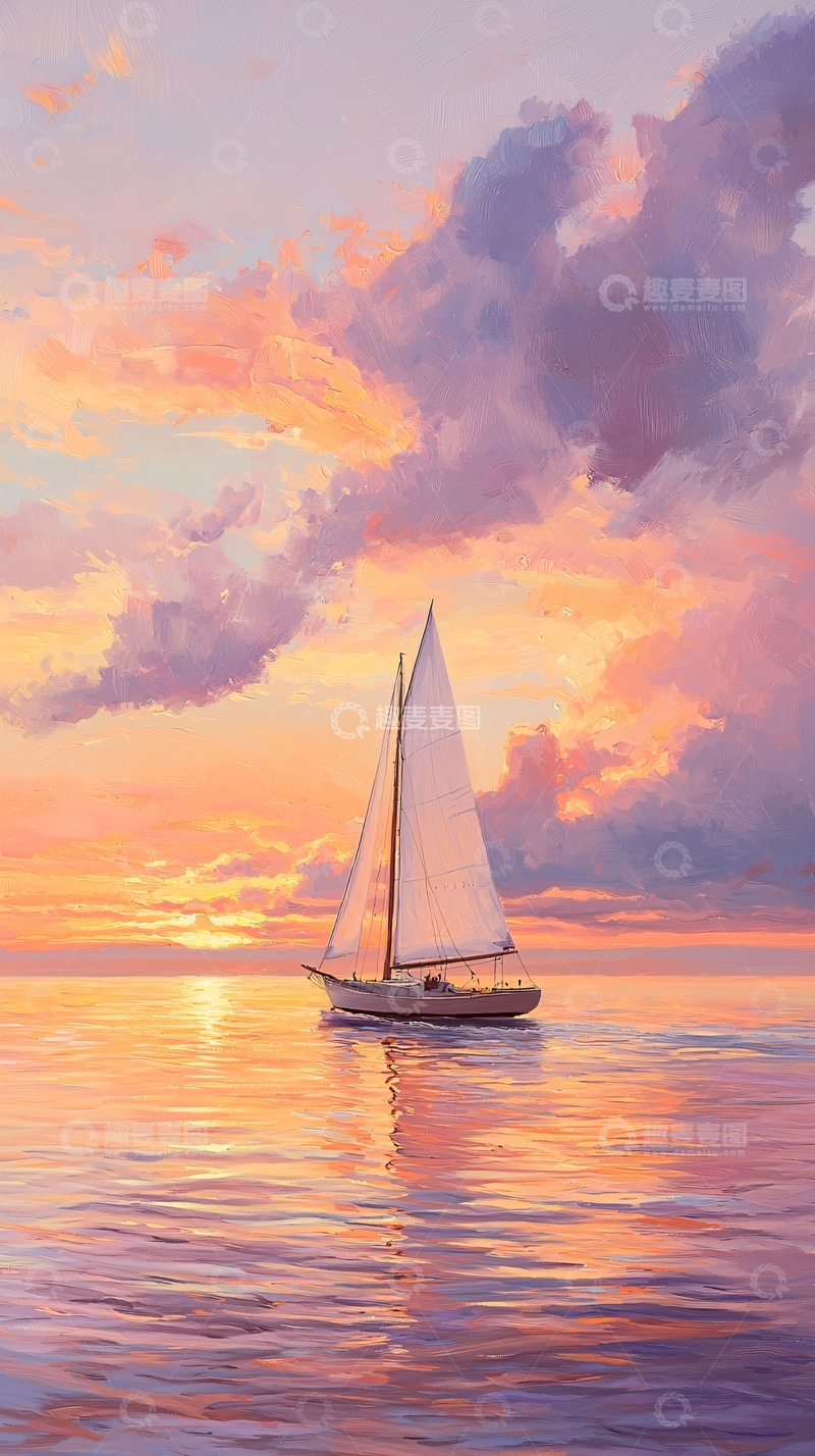 高清大图下载【趣麦麦图】日落帆船海景画