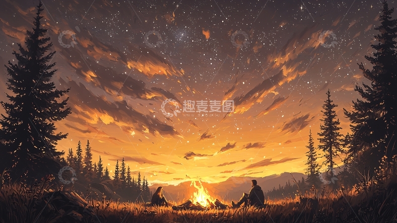 高清大图下载【趣麦麦图】篝火夜景下的宁静时刻