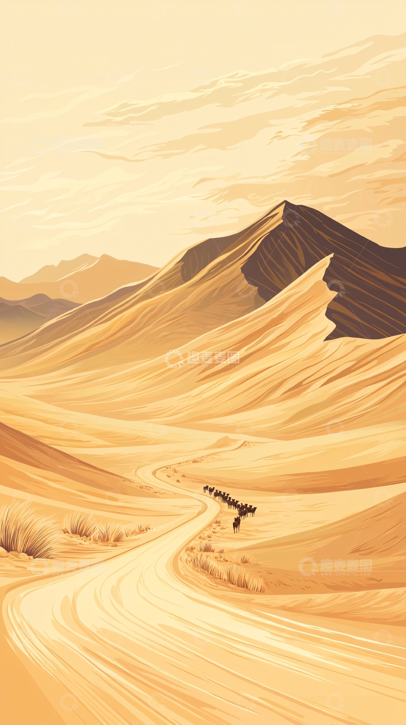 高清大图下载【趣麦麦图】沙漠驼队远行图