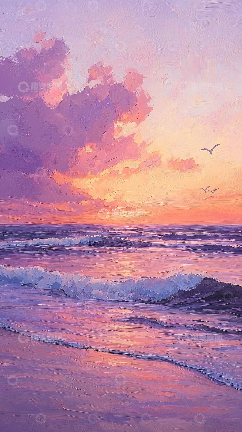 高清大图下载【趣麦麦图】日落海滩油画风景